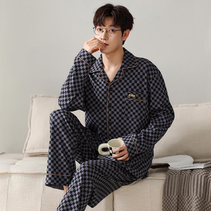 Autumn Winter Men Cotton Pajamas Long Sleeves Long Pants Pajama Sleepwear Lapel Fashion Man Homewear