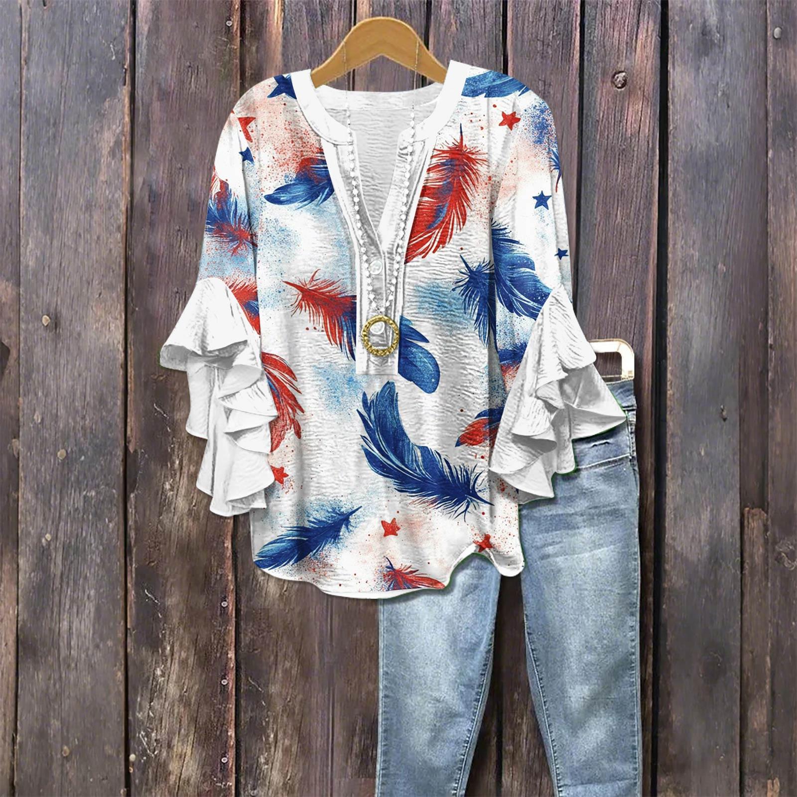 

Женская модная повседневная рубашка с V-образным вырезом на пуговицах, рукавом семь четвертей и принтом в стиле ретро ко Дню Независимости XL белый