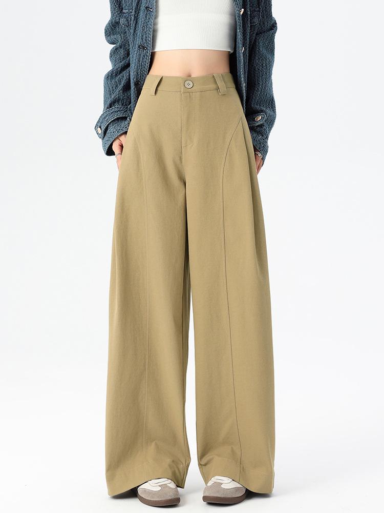 Saidi Khaki Curved Leg Wide High Waist Korean-Style Autumn Suit Pants