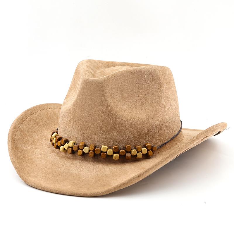 Bohemian Western Cowboy Roll Along Cowboy Hat for Men and Women Wooden Bead Accessories Faux Leather Fleece Jazz Hat Riding Hat