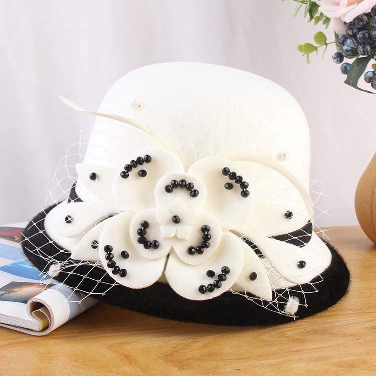2023 European And American Woolen Top Hat Bucket Hat Women'S Handmade Mesh Flower Felt Hat Autumn And Winter Warm Basin Hat