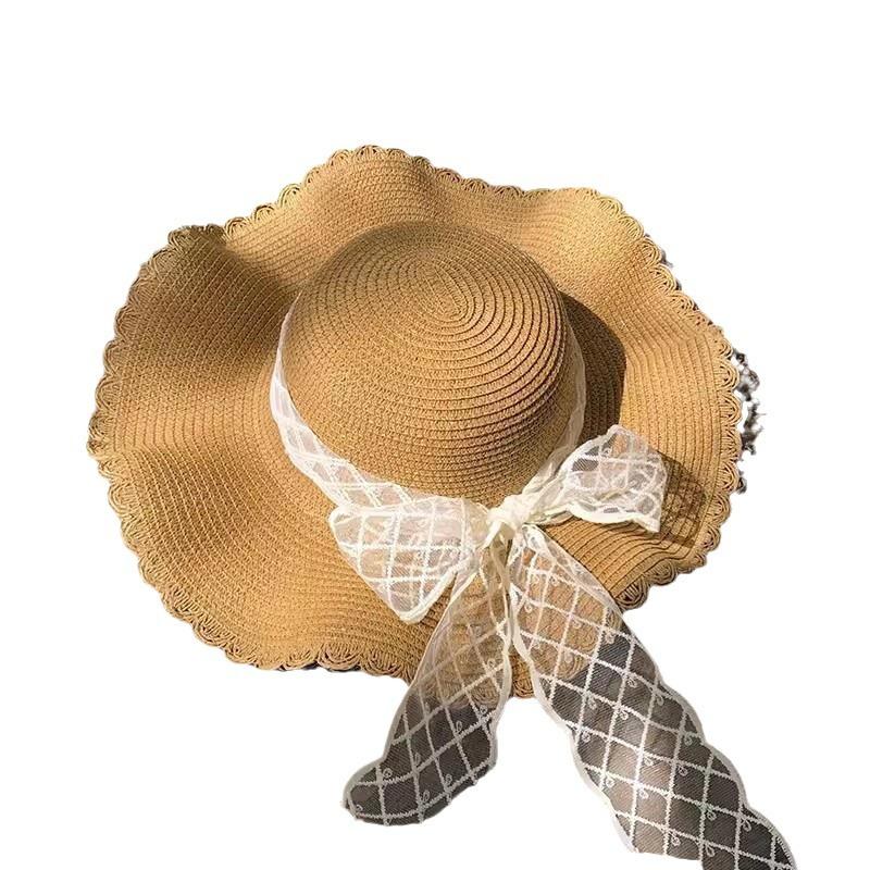 Outdoor Sun Hat, Women, Wavy Edge, Lace Bow Grass Hat, Sun Hat, Vacation Style, Beach, Seaside Sun Hat