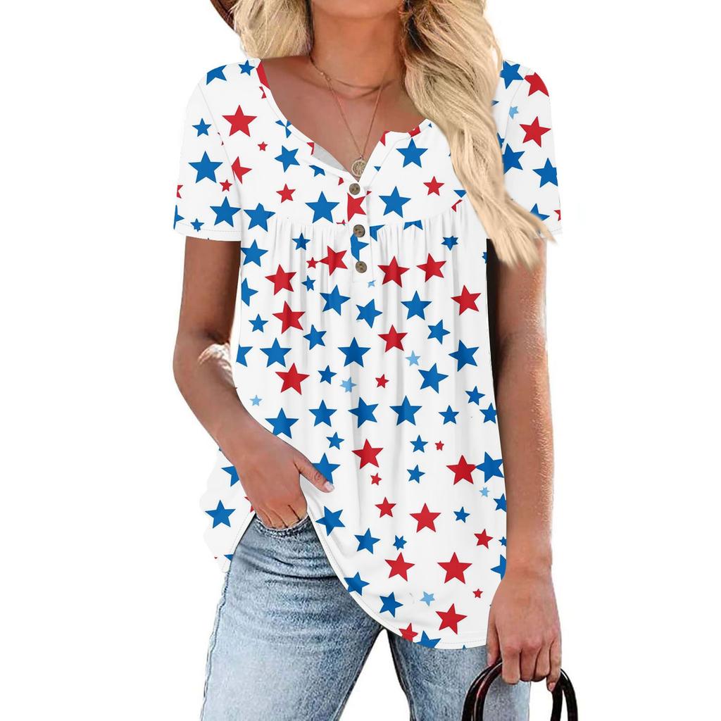 Women Tunic Tops Dressy Casual Summer Short Sleeve Shirts Loose Fit Pleated Boho Top Independence Day