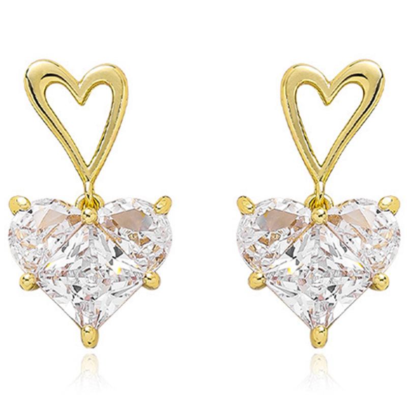 Pink Crystal Heart Earrings with 925 Silver Studs - Elegant Niche Design for Girls