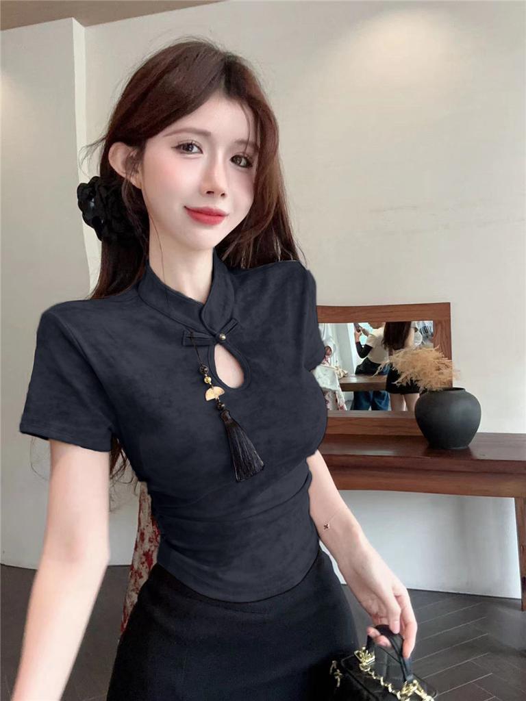New Chinese Retro Smudged Spice Girl Cheongsam Top Women's Hollow Design Sense of National Style Pendant Disc Buckle Short Sleeve T-shirt Tide