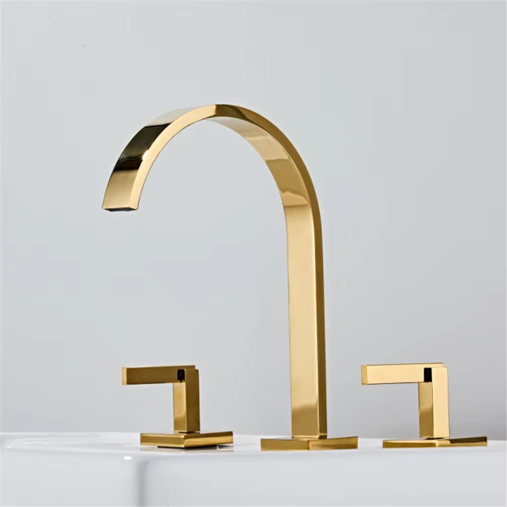 

Tuqiu Brushed Gold Bathroom Faucet Widespread Sink Tap Brass Gold Basin Faucet Black Sink Faucet 3 Hole Hot & Cold Water Tap золотой