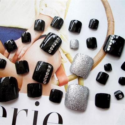 24Pz Nero Puro Glitter Strass Decorazione Unghie Finte False per Dita Piedi Punta & Colla