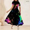 Women Plus Size Round Neck Short Sleeve Galaxy Printed A Line Long Dress