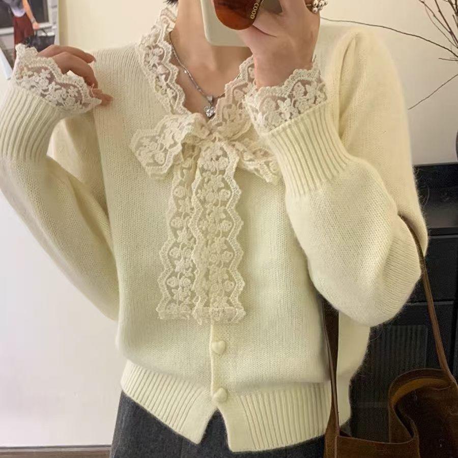 100Kg large size lace bow knitted cardigan jacket fat mm small fragrant style covering meat and showing thin sweater women