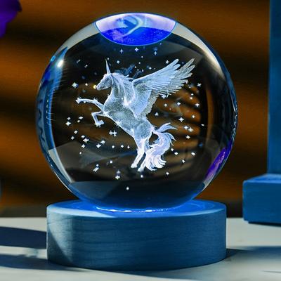 1 boule de cristal sculptée au laser 3D en forme de licorne et support lumineux LED coloré en bois, décoration d'intérieur, petite amie, collègue, WIF