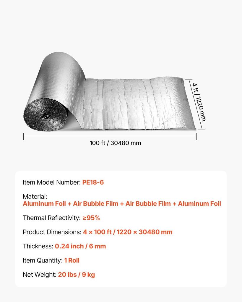 Double Reflective Insulation Roll, Double-Sided Aluminum Foil Radiant Barrier, 6mm 30.48 m x 1.22 m, Dual-Layer Air Bubble Heat Reflective Shield,