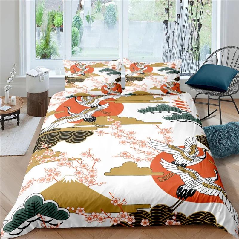 Japanese Crane Duvet Cover King Queen Size Wave Flower Ukiyo-e Style Bedding Set Eastern Culture 2/3pcs Polyester Quilt Cover