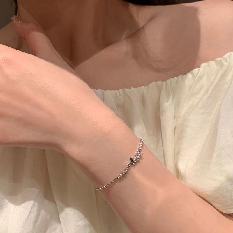 Slender Shiny Sterling Silver Full Zircon Double Butterflies Bracelet for Woman Exquisite Jewelry Accessories Girlfriend's Gifts