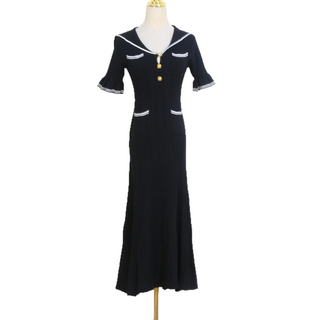 2025 Spring/Fall Gold Button Slim Knit Fishtail Dress: French Style Evening Wear for Women