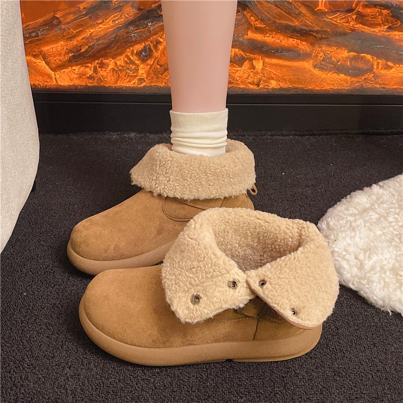 Women's Plus Size Soft-Sole Height-Enhancing Warm Winter Leather-Fur Combination Snow Boots with Plush Lining for Outdoor Sports