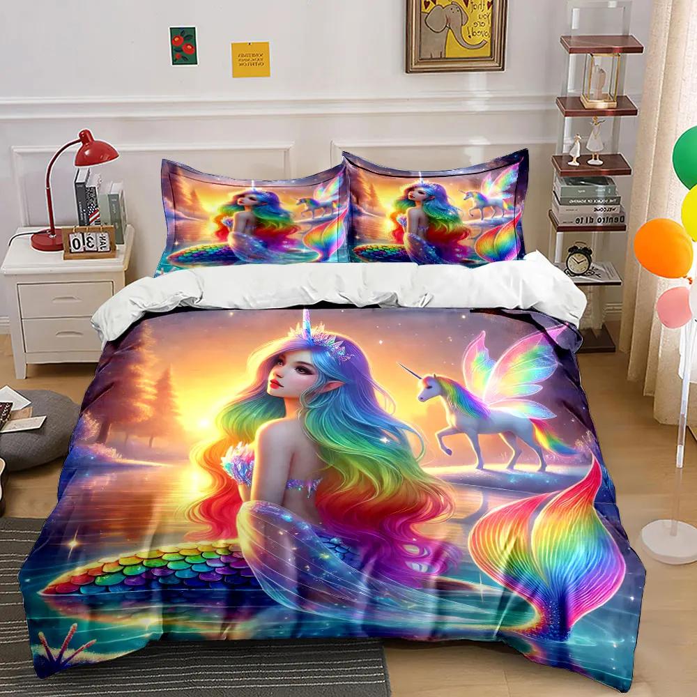 """Meerjungfrau Einhorn Fantasy Dekor Set" Weiches Bequemes Bettwäscheset Bettbezug Inklusive 1*Bettbezug & 2*Kissenbezüge, Geschenk"""