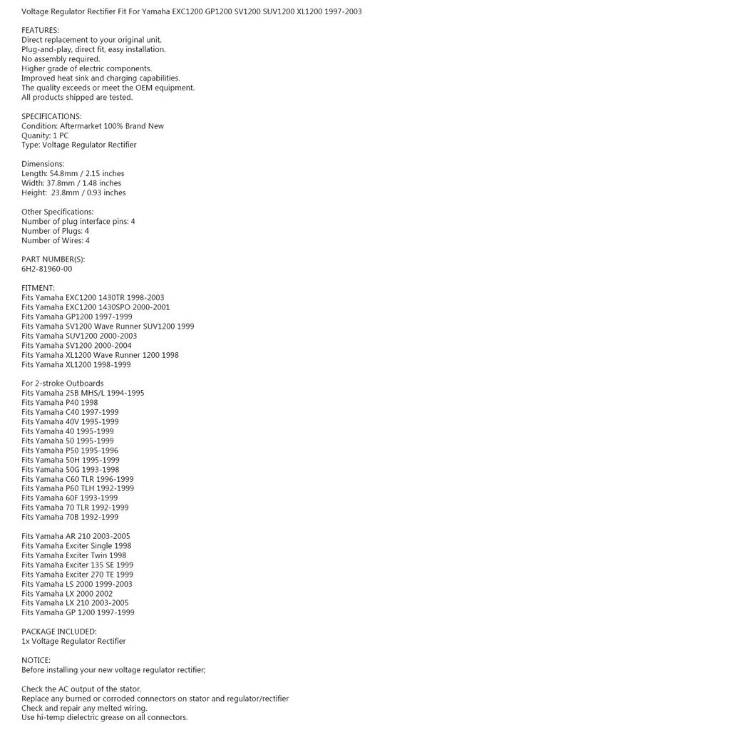 Regulator Rectifier for Yamaha Outboard 40-70HP PWC GP XL EXC 1200 6H2-81960-00