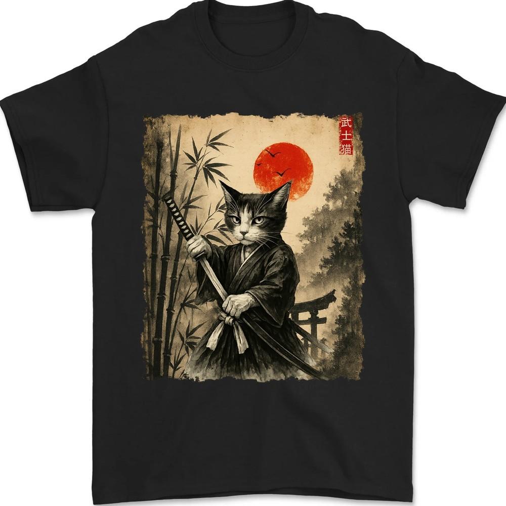Кот Японское искусство Мужчины Мальчики Смешная футболка с принтом Аниме Унисекс Футболка XL