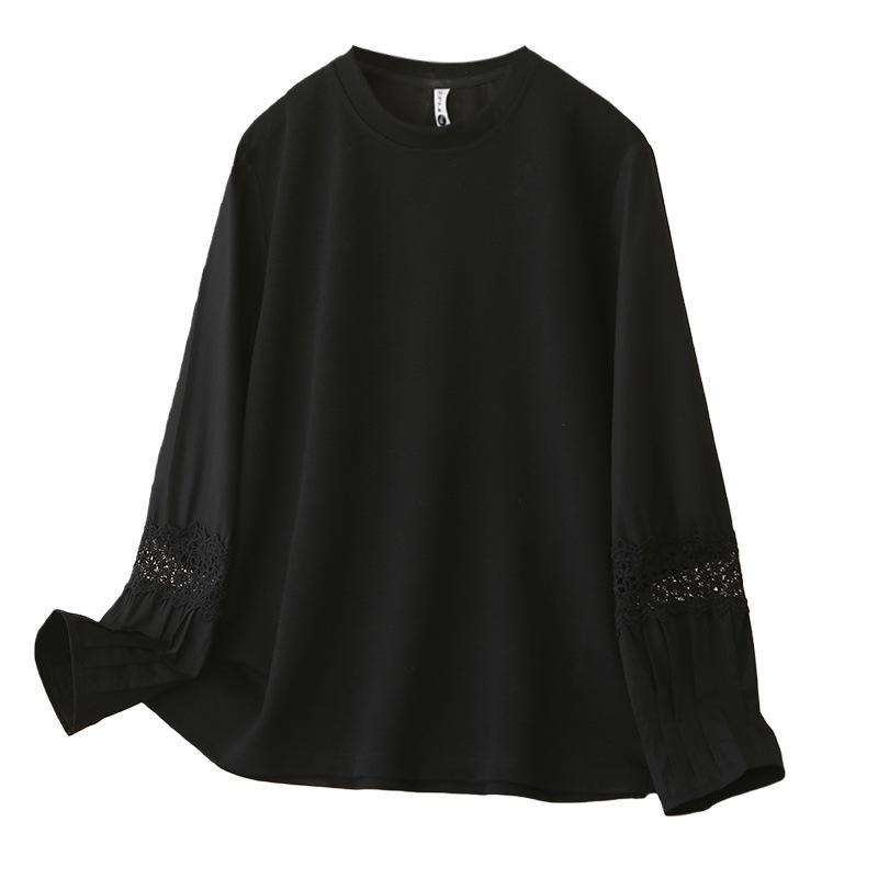 Plus Size Women's Pleated Lace Long Sleeve Patchwork T-shirt - Spring 2026 Versatile Top Hoodie