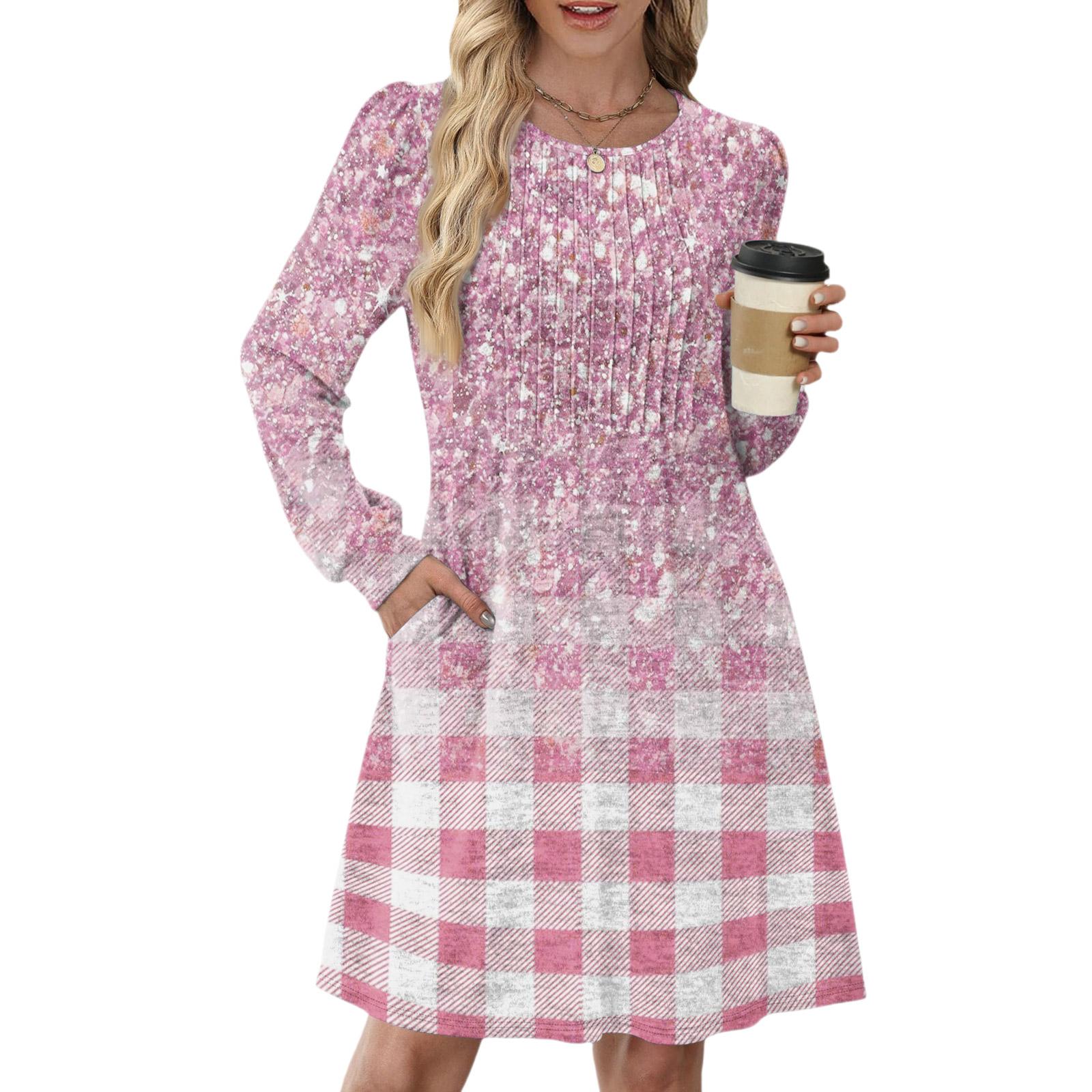 

Women s Long Sleeve Pleated Round Neck Vintage Floral Print Casual Dress With Pockets XXL розовый