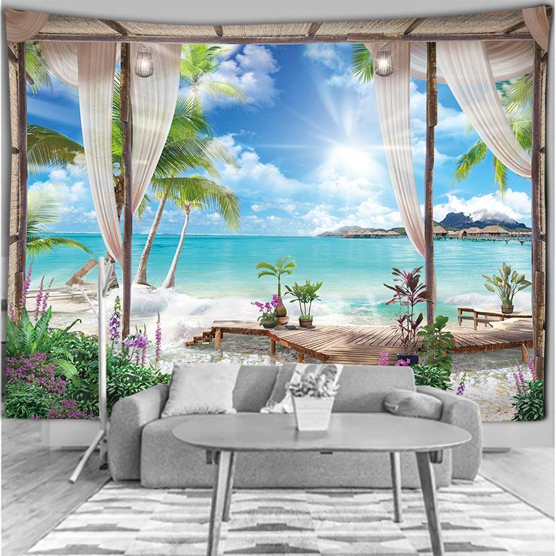 Summer Window View Tapestry Cherry Blossom Sea Idyllic Pastoral Tropical Beach Living Room Room Decoration