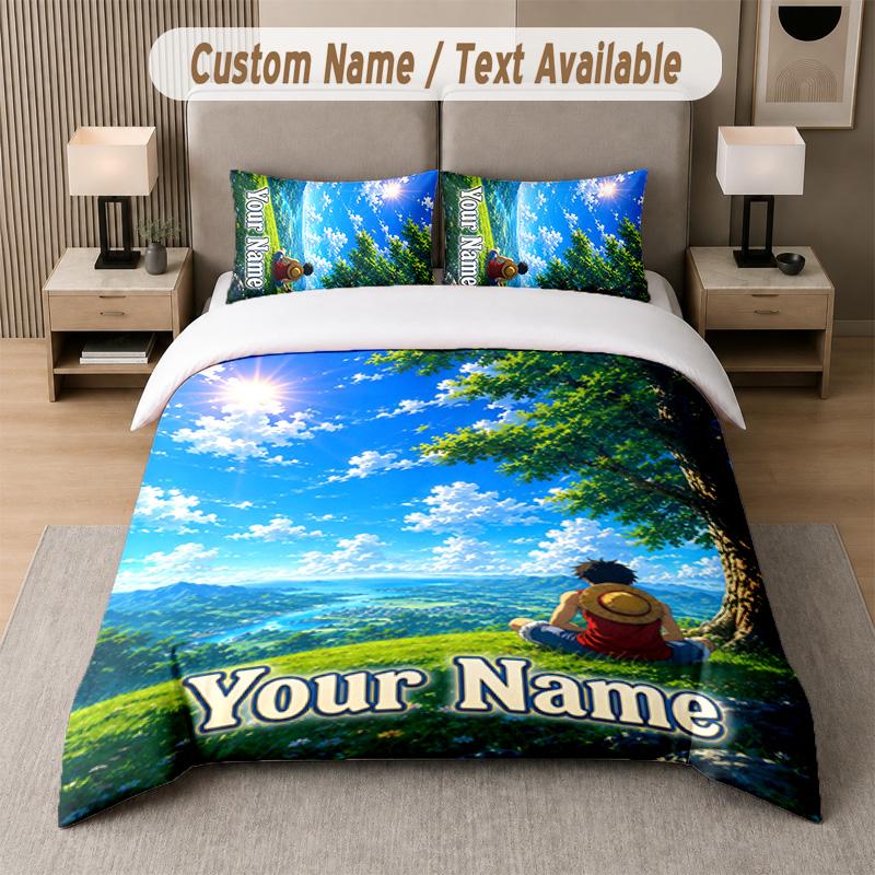 One Piece 3Pcs Bedding Set, Personalized Custom Name Text, 1 Duvet Cover & 2 Pillowcases For Bedroom