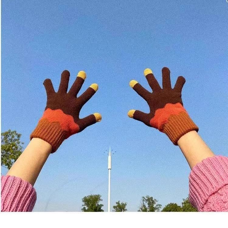 

Touchable Screen Couple Gloves Women S Cute Warm Plush Thickened Student Knitted Wool Riding Five Fingers Men average size кофейный