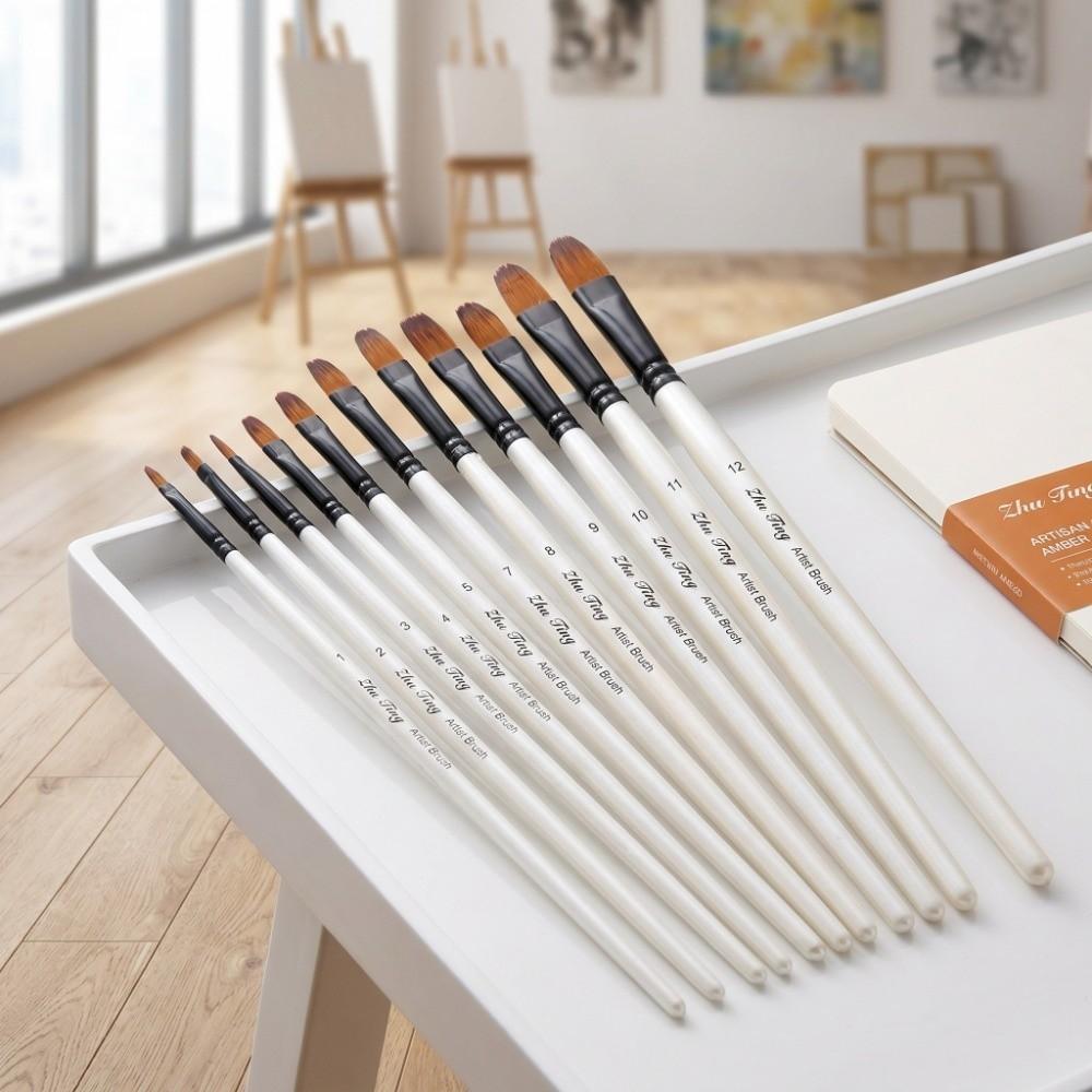 12PCS Pearl White Handles Art Paint Brush Set Tongue Tip & Angle Tip Firm Fastening Nylon Fiber Brushes Soft Nylon Fiber
