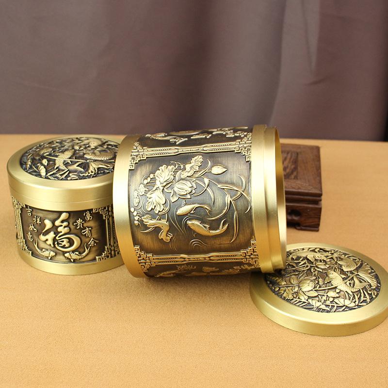 Brass Tea Can Fine Carving Sealed Can Office Study Creative Auspicious Baifu Tea Can Pure Copper Ornament