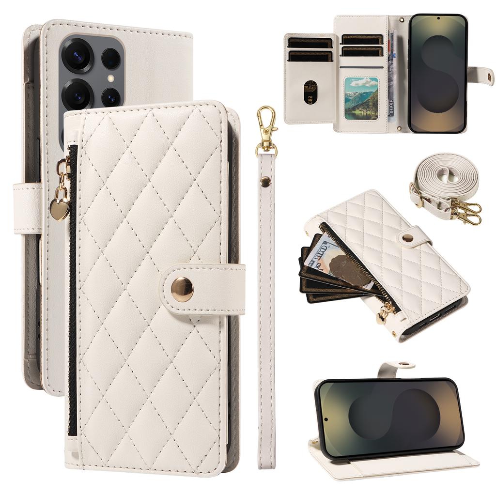 For Samsung Galaxy S25 Ultra Wallet Case with Straps,Rhombus Leather Stand Phone Cover