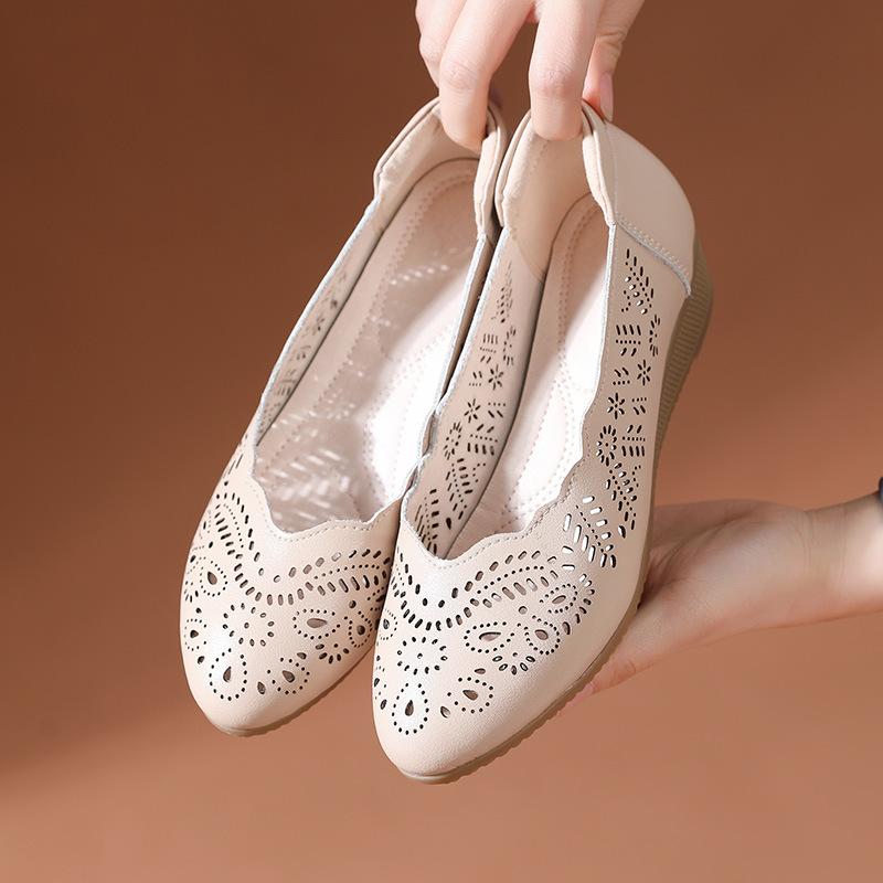 Fashion GKTINOO Genuine Leather Ladies Breathable Hollow Summer Shoes Women Flats Slip-On Sandals Round Toe Soft Wedges Shoes Casual