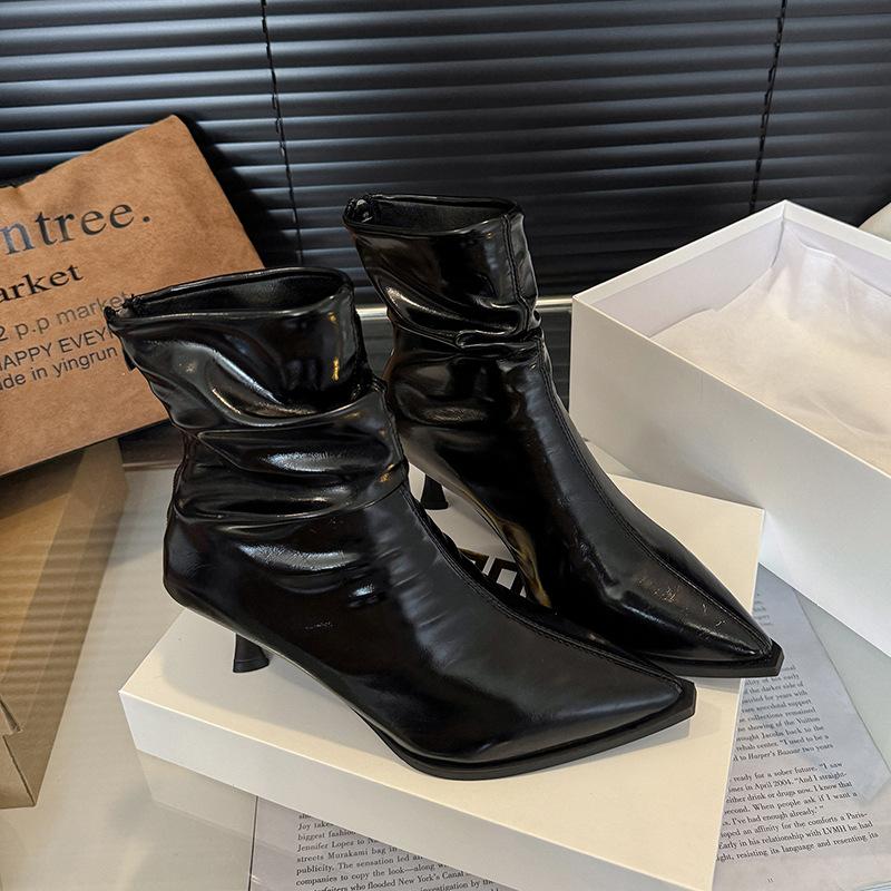 Patent Leather Trend Thin Boots High Heel Short Boots 2025 Autumn and Winter New European and American Versatile Pointed Thin Heel Black Short Boots