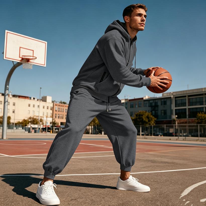 Ensemble de sport à capuche en polaire pour homme Automne Hiver Manches Longues Décontracté Fermeture éclair Thermique Confortable Respirant Vêtement d'extérieur