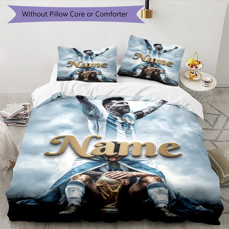 Messi Football World Cup Champion Personalized Name Bedding Set,Smooth Bed Linen for Bedroom Decor,Perfect Souvenir Gift for Soccer Lovers,Microfiber