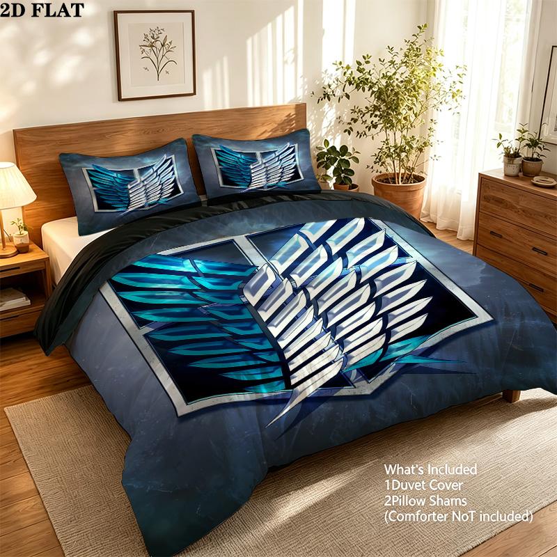 Attack Titan Pattern Bedding Quilt Set Quilt Cover Pillowcase Home Birthday Gift(1 * Duvet Cover + 2 * Pillowcase, Without Core)