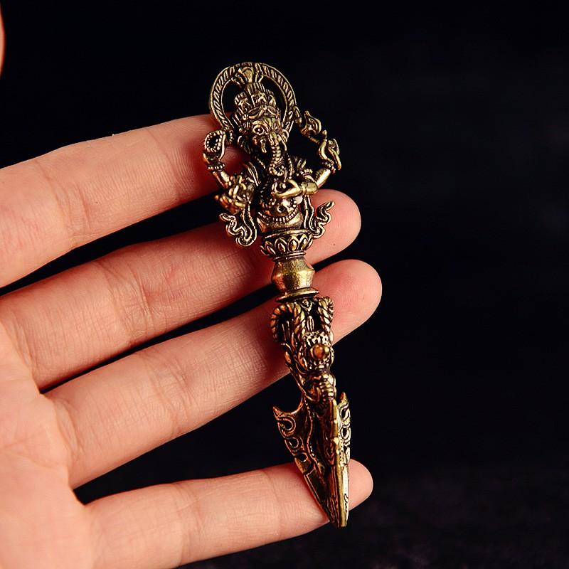 Solid Brass Tibetan Vajra Dorje Ritual Staff Handheld Ornament Buddha Statue Decorative Figurine Solid Brass Vajra Dorje