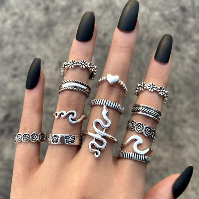 6pcs Vintage Gothic Butterfly Angle Flower Multi Element Ring Set For Women Men Retro Personality Finger Ring Gifts