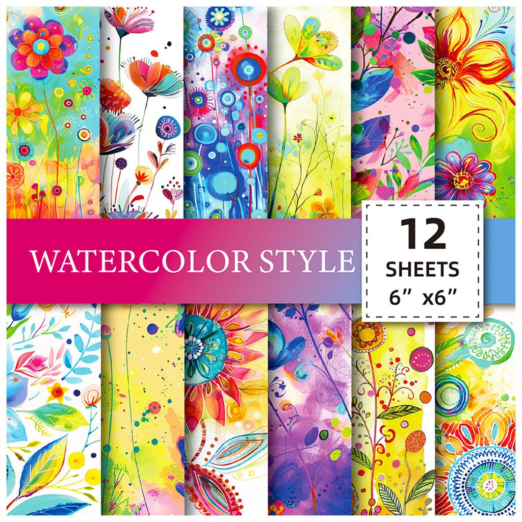 12 Sheets Of Watercolor World Flower Contrast Base Material Paper Diy Collage Decorative Handbook Scrapbook Back