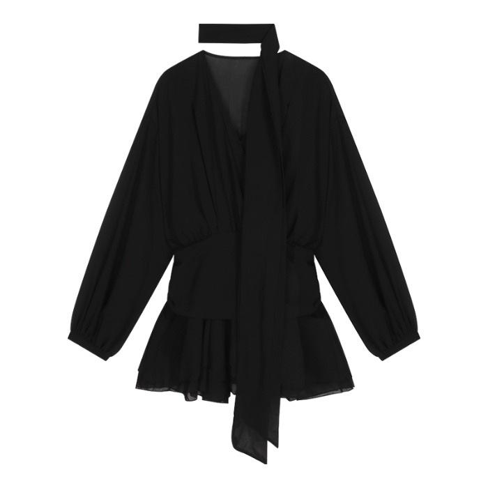 Elegant V-neck Ribbon A-line Dress - Slimming, Waist-cinching Petite Short Skirt for Early Summer XL