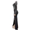 Women's Fashion Solid Color Mesh Slit Long Dress with Hot Drill Detailing.