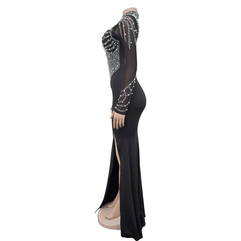 Women's Fashion Solid Color Mesh Slit Long Dress with Hot Drill Detailing.
