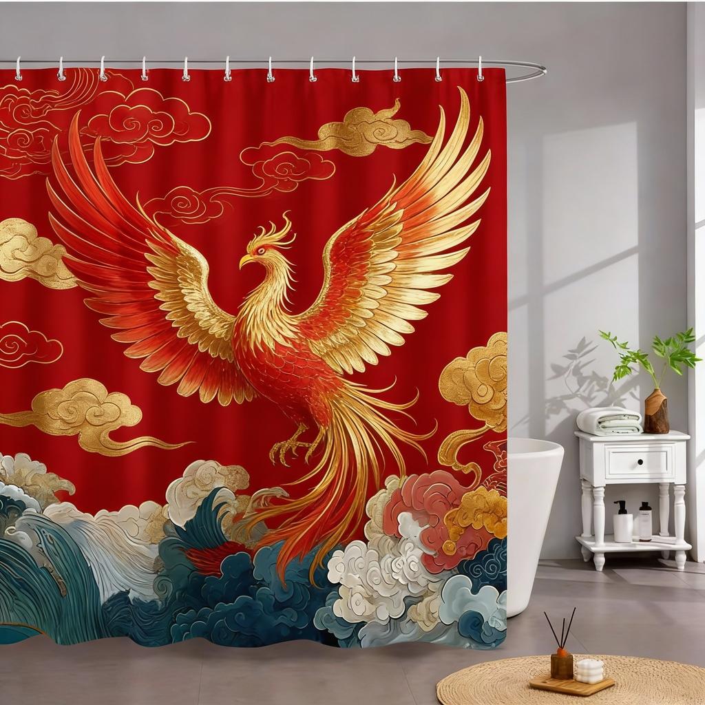 Dragon & Phoenix Print Waterproof Shower Curtain for Bathroom, Traditional Oriental Design High-End Toilet Partition Curtain
