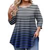 Ladies Stripe Print Plus Size 3/4 Sleeve Rounded Hem Round Neck Fashion Top