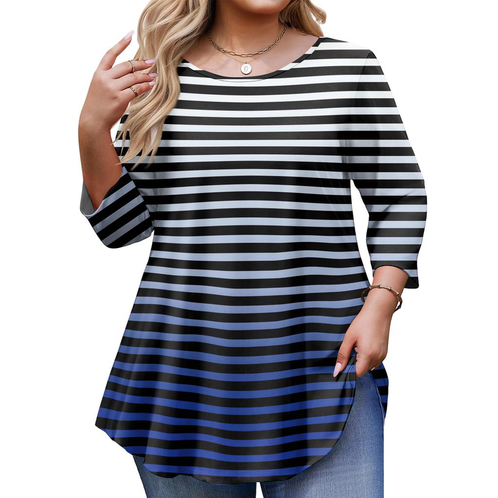 Ladies Stripe Print Plus Size 3/4 Sleeve Rounded Hem Round Neck Fashion Top