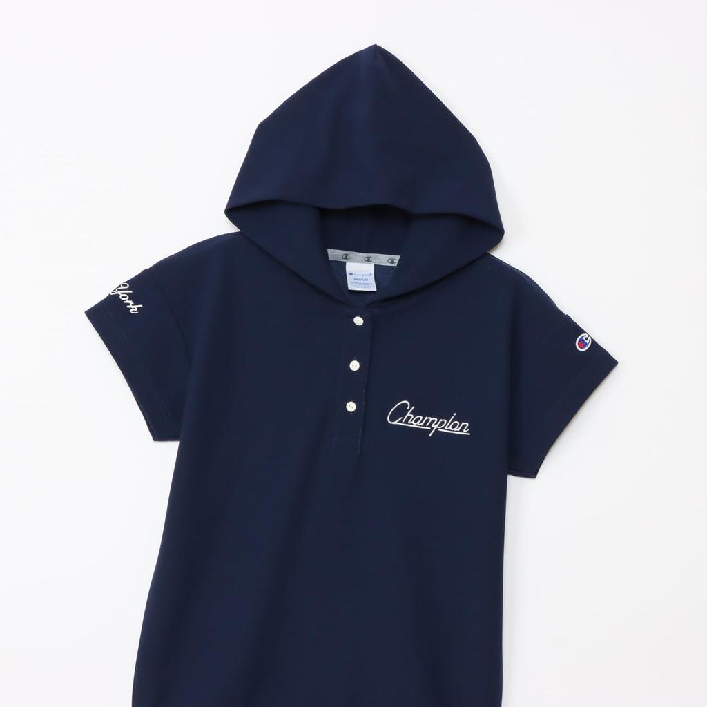 Champion Short Sleeve Hooded Polo Shirt UV Logo Embroidery Women's (CW-BG307), Navy, Heat-Shielding, Protection, Quick-Drying, One-Point