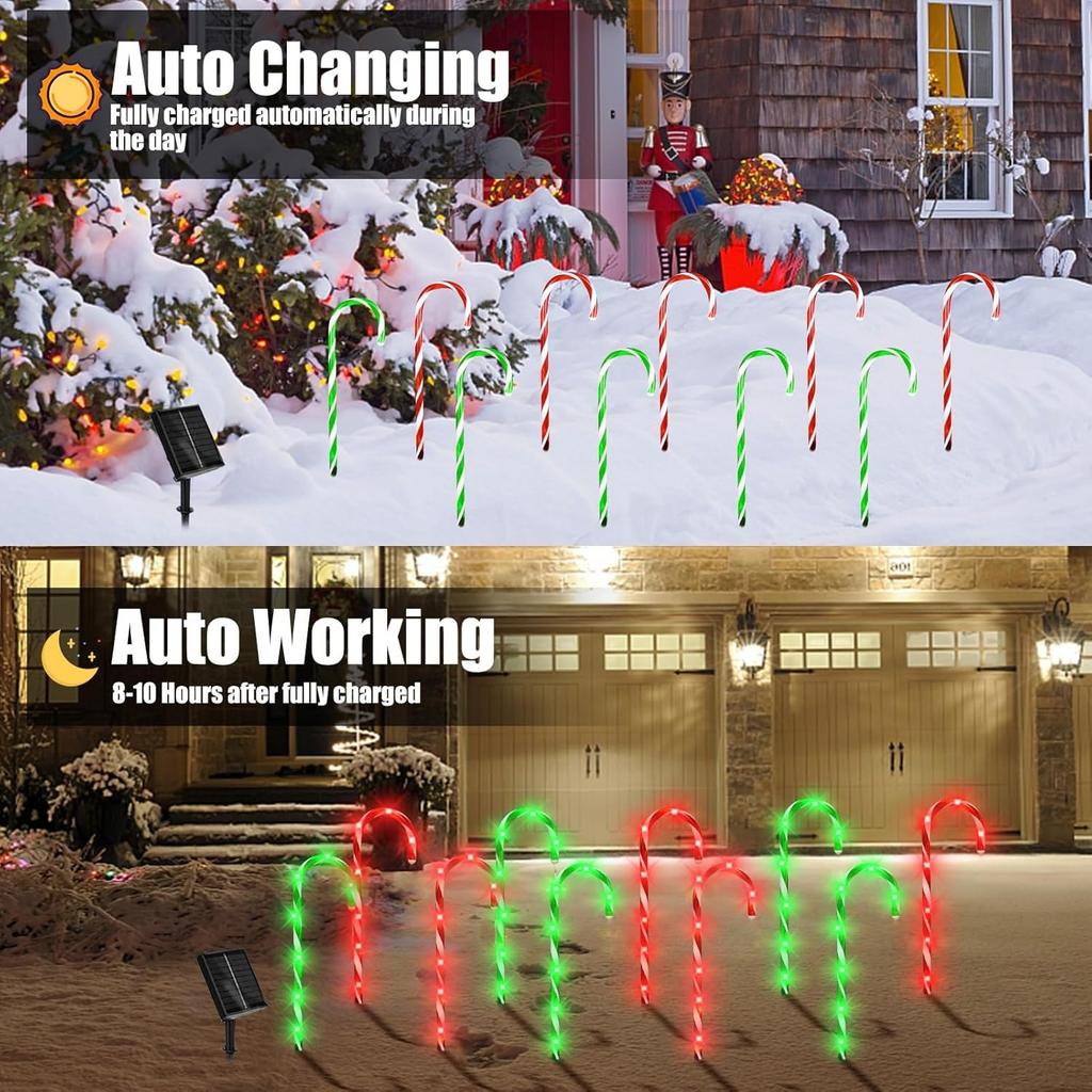 5/10Pcs Candy Cane Lights Solar Pathway Lights with 8 Lighting Modes Waterproof Garden Lights for Christmas Decoration
