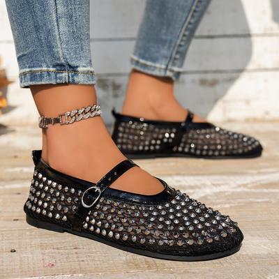 Women's Luxury Brand Casual Single Shoes Women's Rhinestone Plus Size Round Head Buckle Leather Beach Flat Shoes