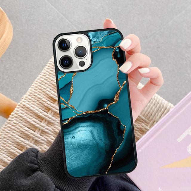 Teal Blue Gold Agate Marble Phone Case For iPhone 17 Air 13 12 14 15 16  Cover For Apple iPhone 17 Air Pro Max Plus Coque