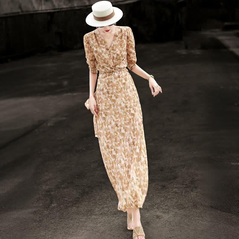 French Style V-Neck Chiffon A-Line Dress M желто-зеленый