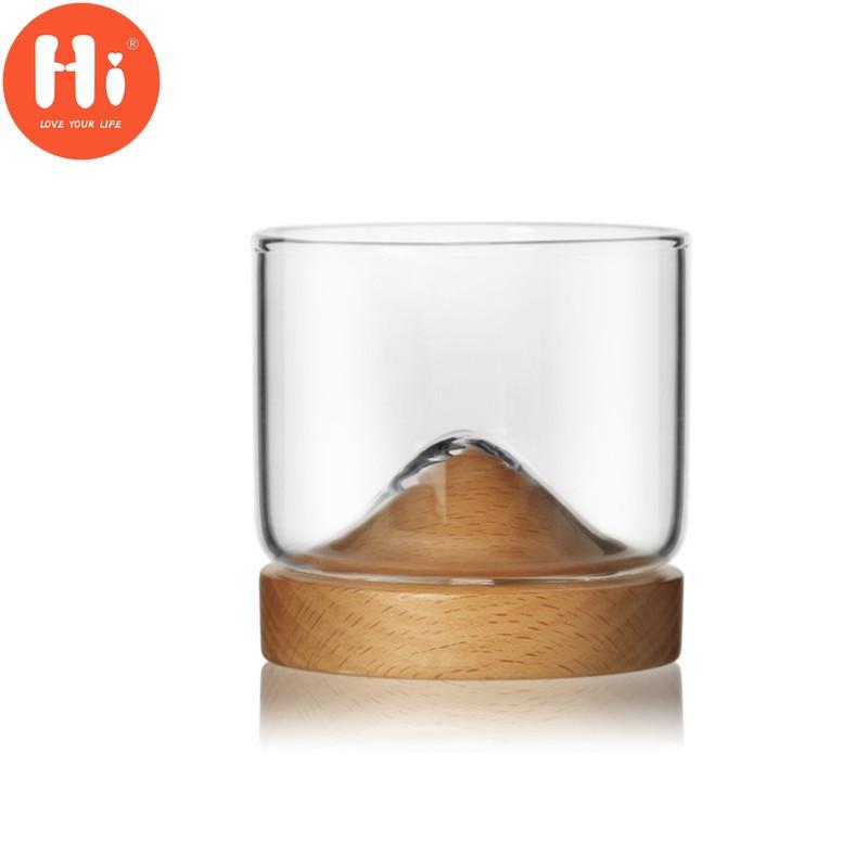 120ML Transparent Mountain W skey Glass with Wooden Base Heat Resistant Beer Glass Wine Water Tea Cup Set Bar Drinkware